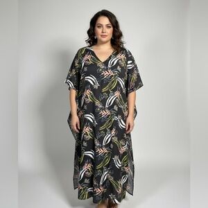 NWT Miss Lavish Black Blue Pink Green White Floral Print Kaftan Beach Cover 2X